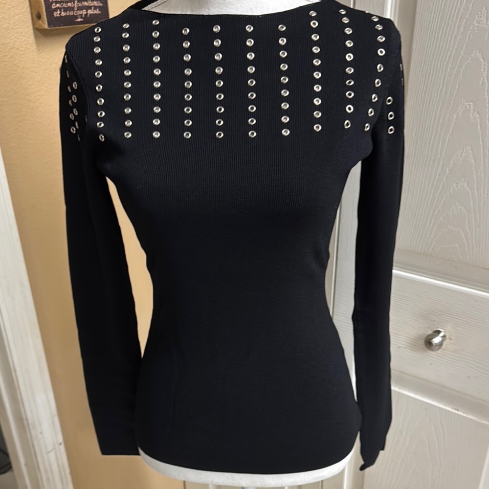Cache Black studded Embellished top Sz S Biker Gothic